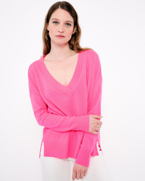 Pull Col V Manches Longues Isoline - Rose Fluo - Femme - Absolut Cashmere - The Bradery