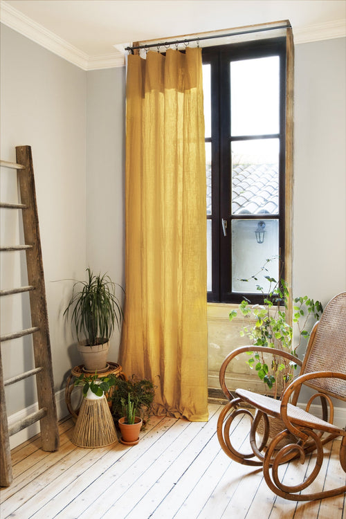 Rideau Ajustable + 8 Anneaux Pince Gaze De Coton 140 X 300 Cm Gaia Safran - L'Effet Papillon - The Bradery