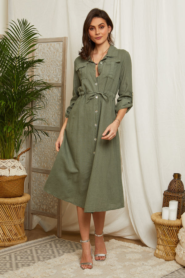 Khaki Dress - Women DRESSES and SKIRTS Around Linen