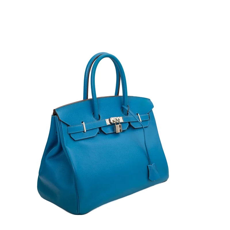 sac de seconde main birkin  hermes en cuir bleu côté