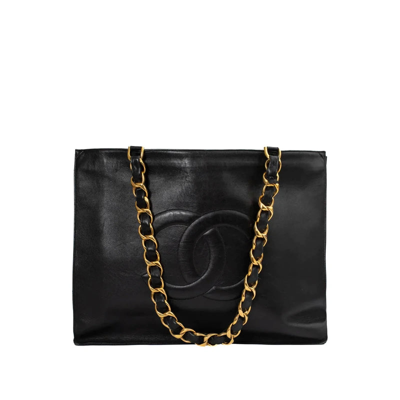 sac de seconde main cabas chanel en cuir noir face