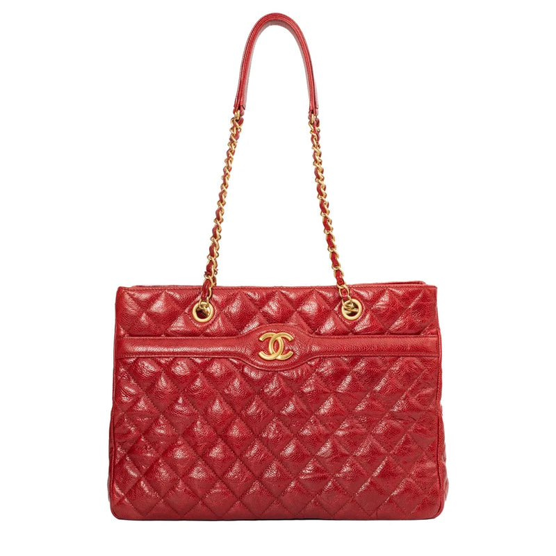 sac de seconde main shopping bag   chanel en cuir rouge  face