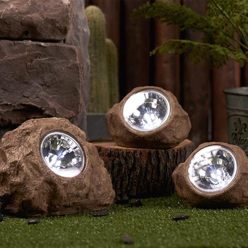 Lot de 3 rochers solaires de jardin à poser balisage LED blanc 14 et 9cm - REDDECO.com